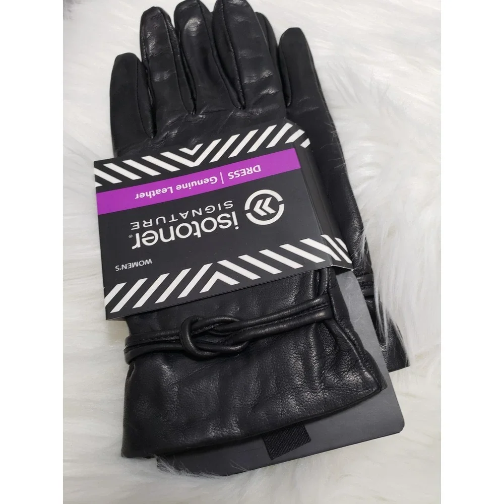 NEW SIZE 7.5 Isotoner Black Leather Womens Driving Gloves old money dress gothic - Picture 3 of 6